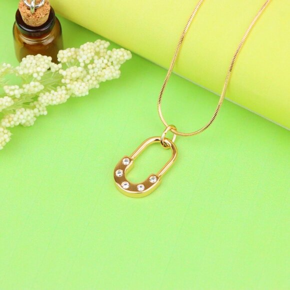 "Rose Gold Modern U-Shaped Pendant with Sparkling Stone Inlay, XPPT1223 - Picture 5 of 13